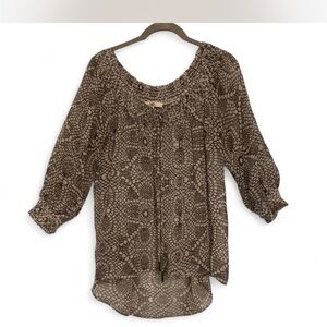 Sheer Boho Flowing Chocolate Brown Lace-inspired Printed Peasant Blouse size L